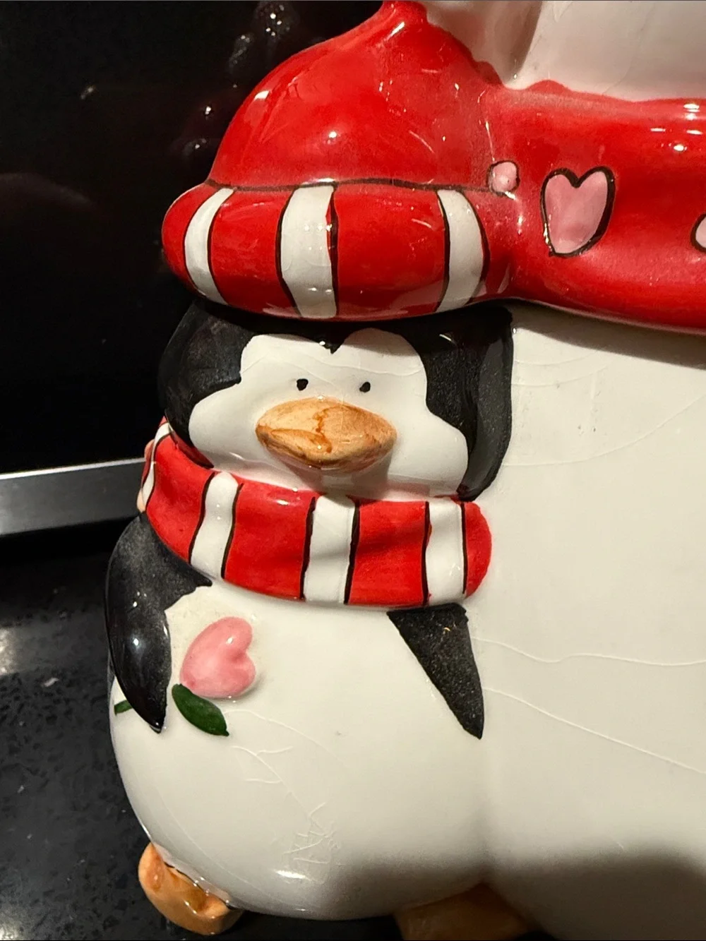 Festive Red & White Snowman with Penguin Ceramic Figurine - 11” x 10”